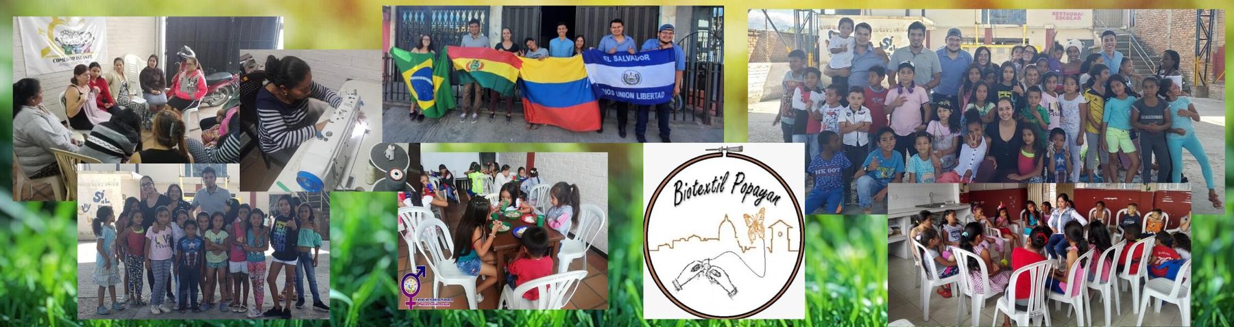 Collage de actividades y encuentros con la comunidad, banderas de distintos países